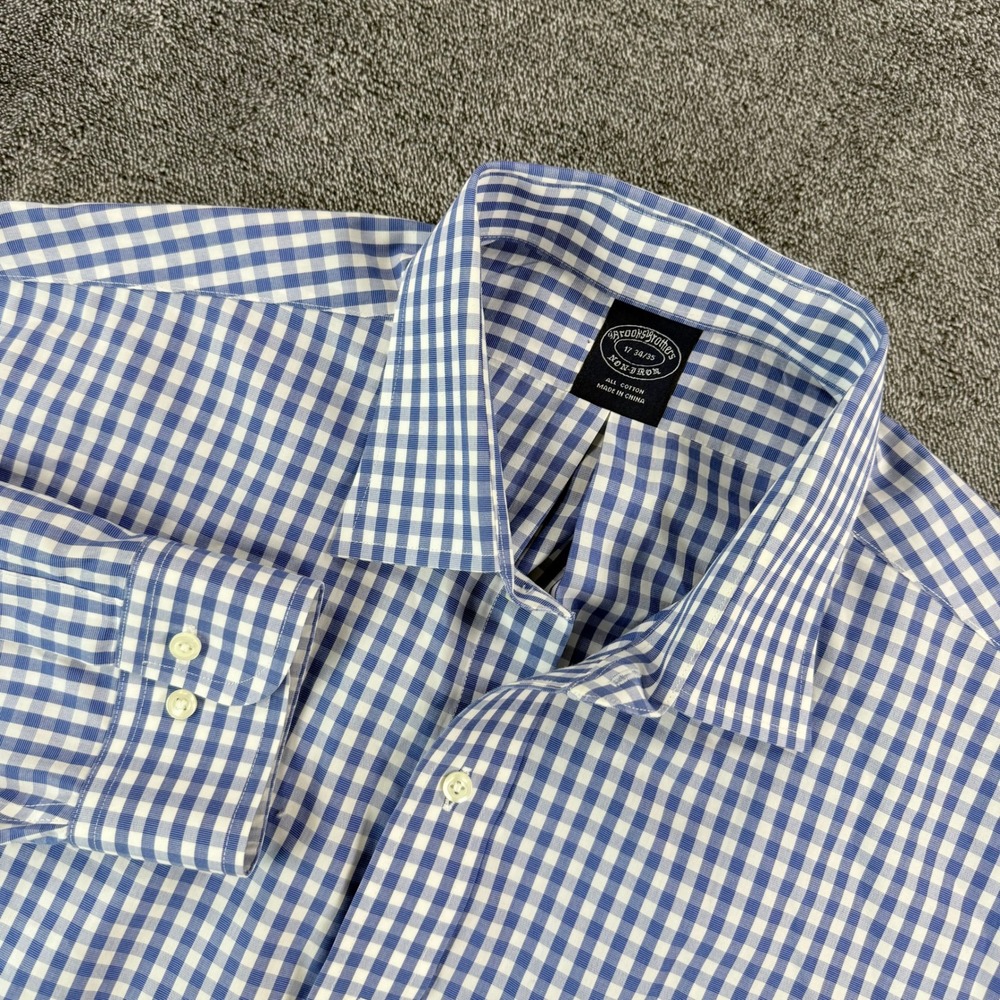 Brooks Brothers Non-Iron Gingham Dress Shirt Mens 17 34/35 Blue White Cotton